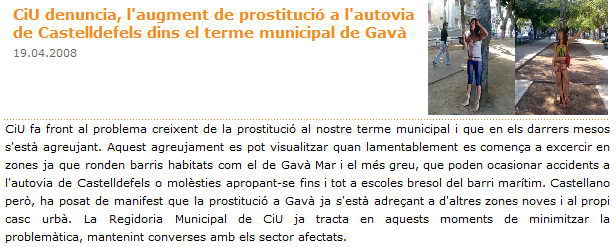 Not&iacute;cia publicada a la web de CiU de Gav&agrave; el 19 d'Abril de 2008 sobre el problema de la prostituci&oacute; a Gav&agrave; Mar